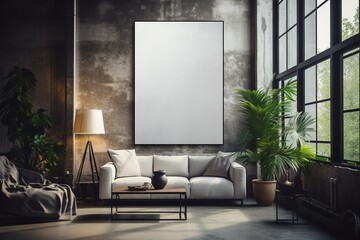 Loft Industrial Style Living Room Interior With Poster Mockup Created with Generative AI