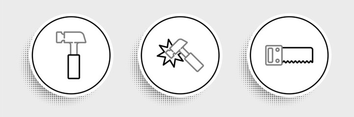 Set line Hand saw, Hammer and icon. Vector