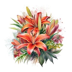 Watercolor illustration of a vibrant bouquet of flowers on a clean white canvas