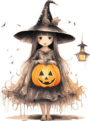 vector halloween girl with pumpkins. a witch with hat . a magician girl with jack o lantern vector illustration on white background.