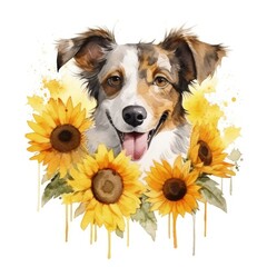 watercolor illustration of cute dog surrounded with sunflowers