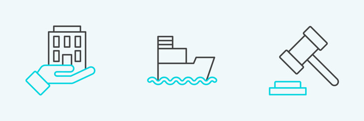 Set line Judge gavel, House in hand and Ship icon. Vector