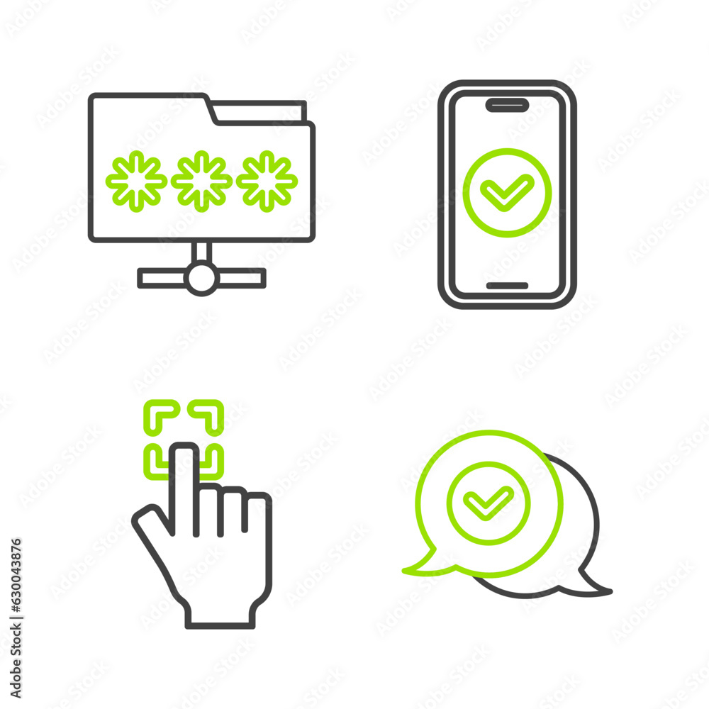Poster set line check mark in speech bubble, fingerprint, smartphone and folder with password icon. vector