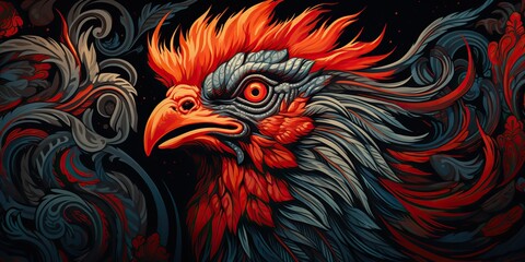 Fototapeta premium AI Generated. AI Generative. Engraving woodcut linocut draw paint sketch watercolor ink rooster illustration canvas. Can be used like poster.
