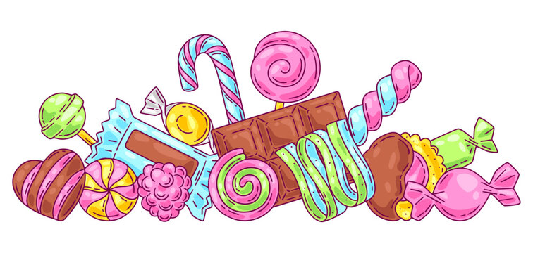 Background with candies and sweets. Design for confectionery or candy shop.
