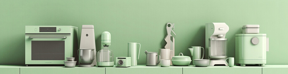 Kitchen appliances on soft green background