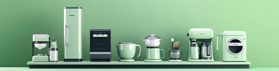 Kitchen appliances on soft green background