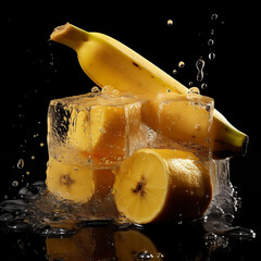 A dynamic special angle shot of an ice cube and a ripe Banana, highlighting the texture and curves of the fruit as it interacts with the melting ice cube