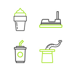 Set line Magician hat, Paper glass with water, Bumper car and Ice cream icon. Vector