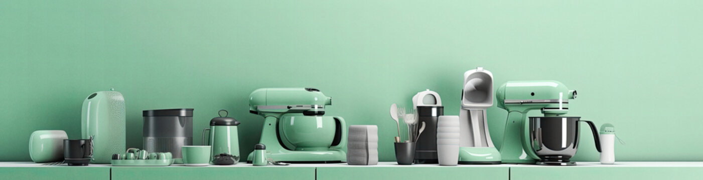 Kitchen appliances on soft green background