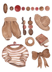 Casual summer set of clothes and accessories for girls. Vintage watercolor illustration. White background