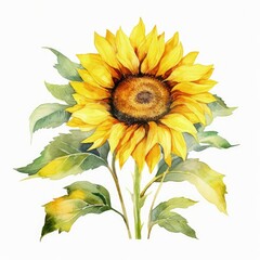 Watercolor illustration of a beautiful watercolor painting of a vibrant sunflower with lush green leaves
