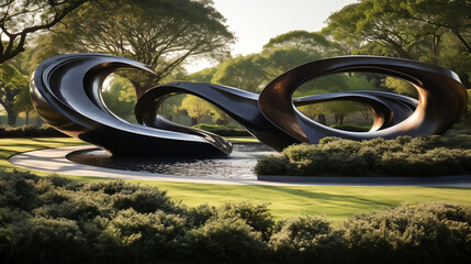 A visually striking special angle shot of a Sculpture Garden Landscape, combining art and nature with sculptures strategically placed in landscaped gardens for artistic expression