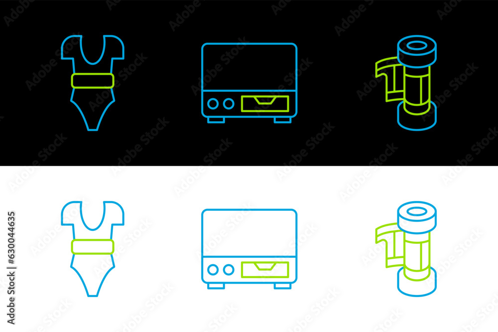 Wall mural Set line Camera roll cartridge, Swimsuit and Old video cassette player icon. Vector