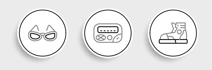 Set line Sport sneakers, Glasses and Pager icon. Vector