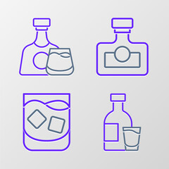 Set line Bottle of vodka with glass, Glass whiskey, Alcohol drink Rum and Whiskey bottle and icon. Vector