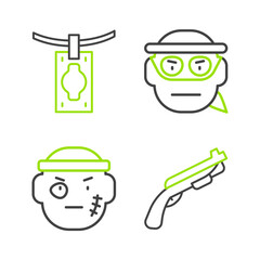 Set line Police shotgun, Bandit, and Money laundering icon. Vector