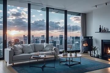 illustration of a modern apartment in a skyscraper.