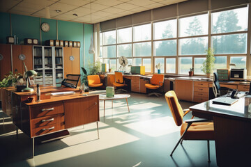1950s styled office interior, open space. Nobody. No computers