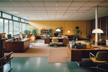 1950s styled office interior, open space. Nobody