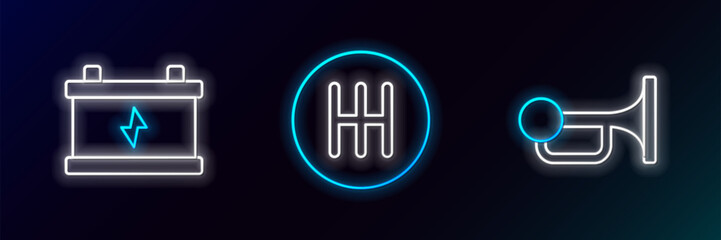 Set line Signal horn on vehicle, Car battery and Gear shifter icon. Glowing neon. Vector