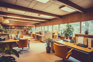 1960s styled office interior. Vintage chairs, computers and desks, lots of plants. Nobody.