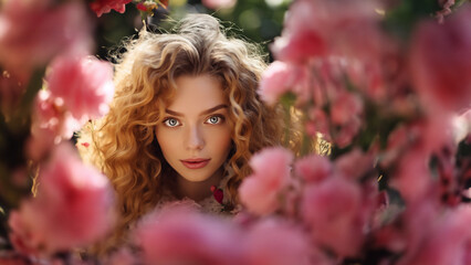 Naklejka premium Wunderschöne Frau Gesicht mit blonden Locken als Hintergrund rosa Blumen und Blüten Nahaufnahme, ai generativ