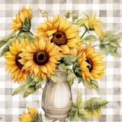 A vibrant still life painting featuring sunflowers in a vase on a checkered tablecloth