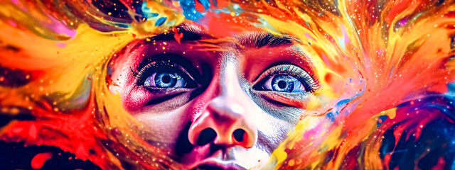 abstract art portrait of a young man drawn with colorful watercolors, banner made with Generative AI