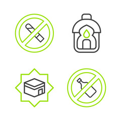 Fototapeta premium Set line No alcohol, Kaaba mosque, Ramadan Kareem lantern and Smoking icon. Vector