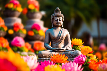 Statue of buddha with lots of colorful lotus flowers, bright colors