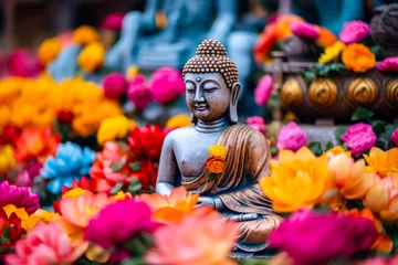 Foto op Aluminium Statue of buddha with lots of colorful lotus flowers, bright colors © MVProductions