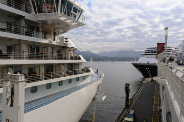 View onto ultra luxury all inclusive white Regent cruiseship cruise ship liner Explorer in port of...