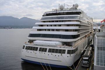 View onto ultra luxury all inclusive white Regent cruiseship cruise ship liner Explorer in port of...