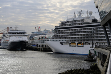 View onto ultra luxury all inclusive white Regent cruiseship cruise ship liner Explorer in port of...
