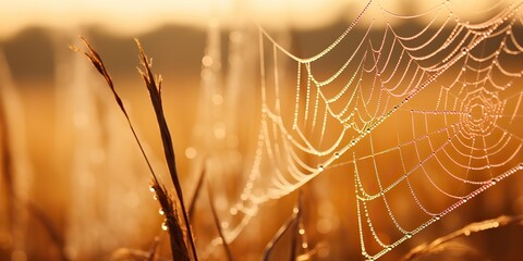 AI Generated. AI Generative. Sunshine spoderweb spider web at field meadow hay grass. Nature outdoor wildlife. Graphic Art