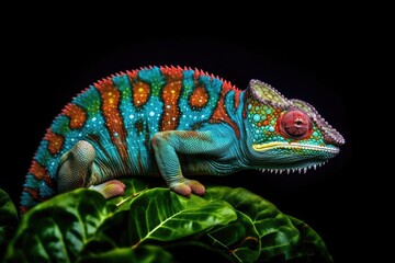 A vibrant chameleon perched on a lush green leaf