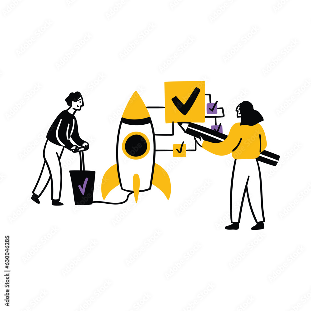 Poster cartoon color teamwork concept with characters people and space rocket flat design style. vector ill
