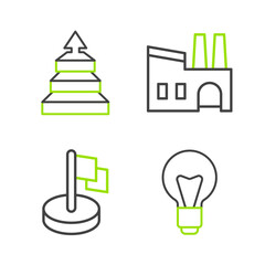Set line Light bulb, Flag, Factory and Pyramid chart infographics icon. Vector