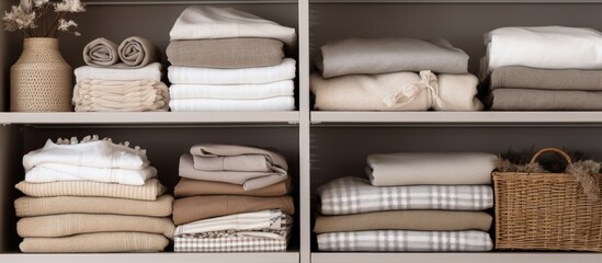 The shelves in the closet are arranged neatly with bed linens and there is space to put items. The domestic