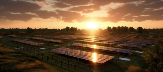 Fototapeta premium Solar panels field on sunset