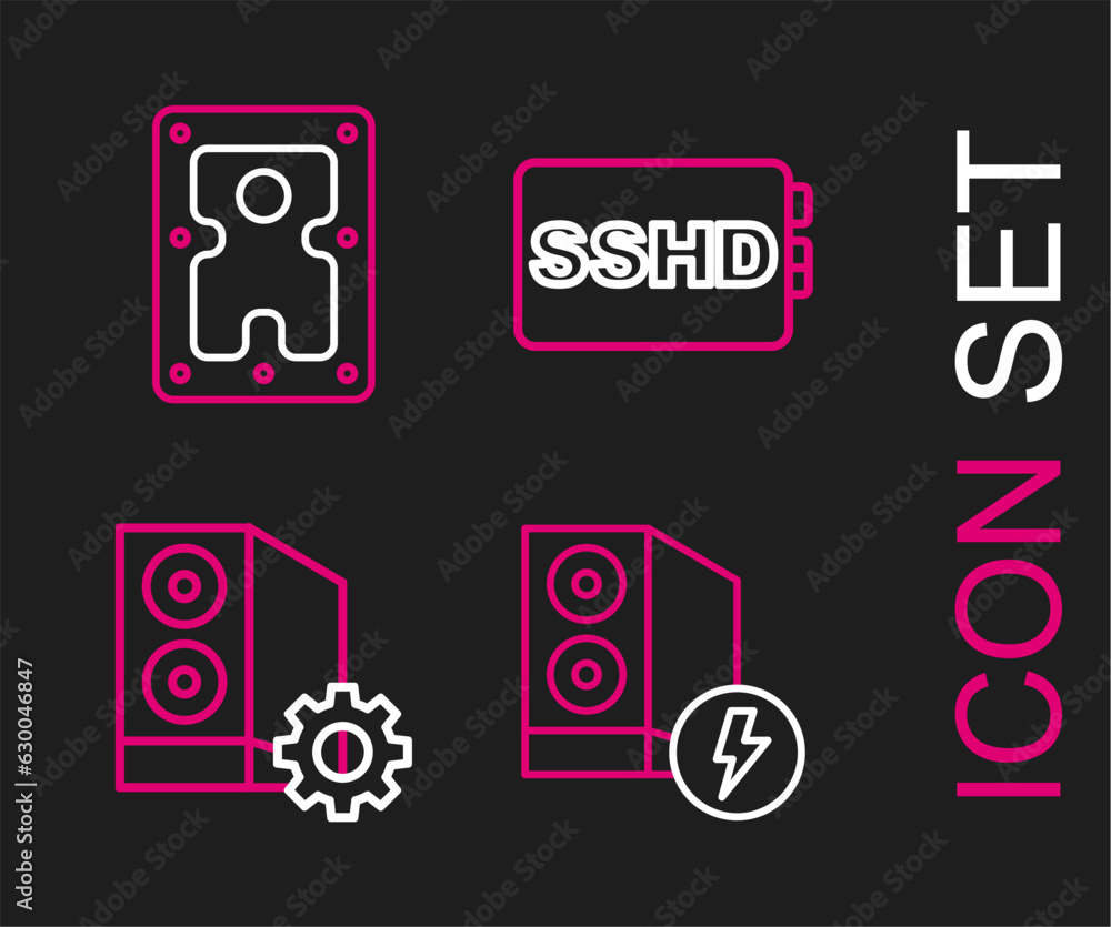 Aufkleber set line case of computer, sshd card and hard disk drive hdd icon. vector