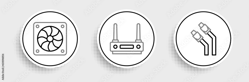 Poster set line lan cable network internet, computer cooler and router and wi-fi signal icon. vector