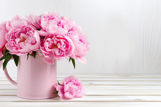 beautiful pink peonies in an enamel mug on a white wooden desk with background space on top for text created with generative ai