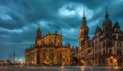 Dresden Hofkirche, Hausmannsturm Dresden Castle (Residenzschloss). Evening, Panoramic view. Dresden, Saxony, Germany.