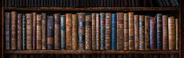 Old books on wooden shelf. Many of beautiful retro book covers, skins. Bookshelf history theme...