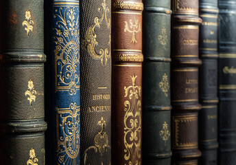 Old books close-up. Title of the book is printed on the spine. Tiled Bookshelf background. Concept on the theme of history, nostalgia, old age, library. Macro photo.