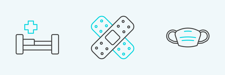Set line Medical protective mask, Hospital bed and Crossed bandage plaster icon. Vector