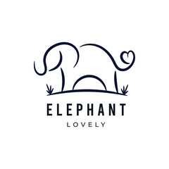Elephant love heart tail simple line logo design. Cute hand drawn sketch doodle vector illustration
