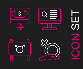Fototapeta premium Set line Female gender, Feminist activist, Dating app and Money growth woman icon. Vector